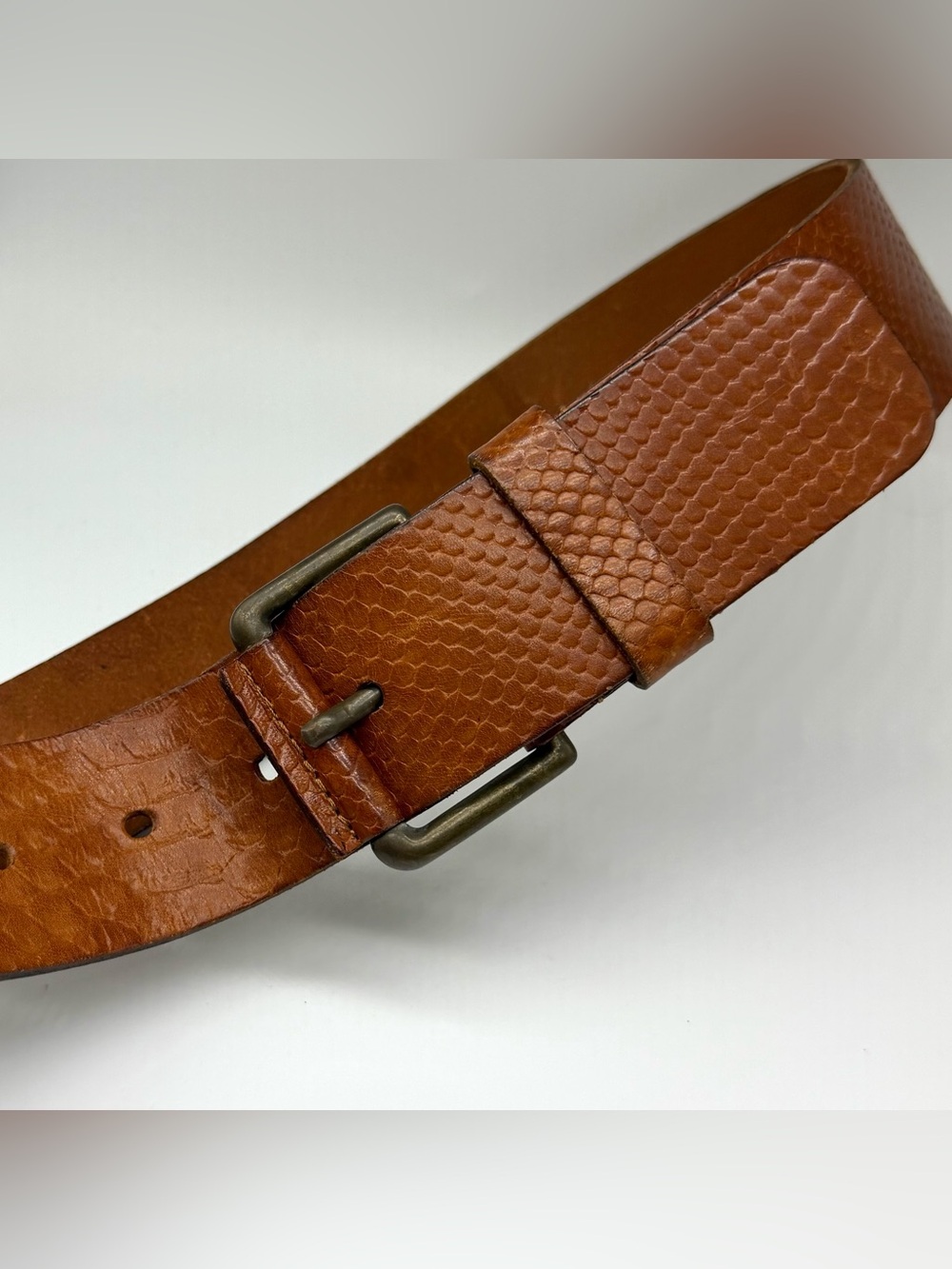 Zara Women's Textured Brown Leather Belt Brass Buckle Snakeskin Pattern
